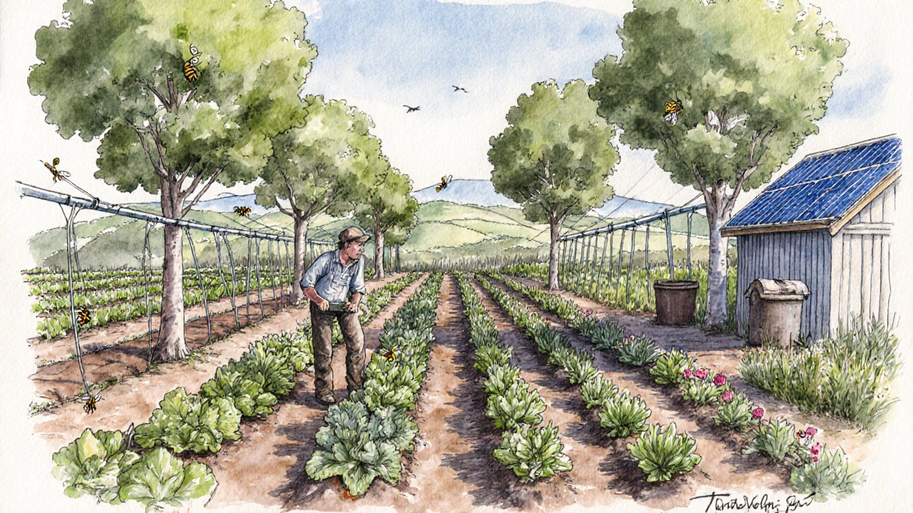 Sustainable Taranaki farm with drip irrigation, native trees, bees, and solar panels under soft afternoon light.