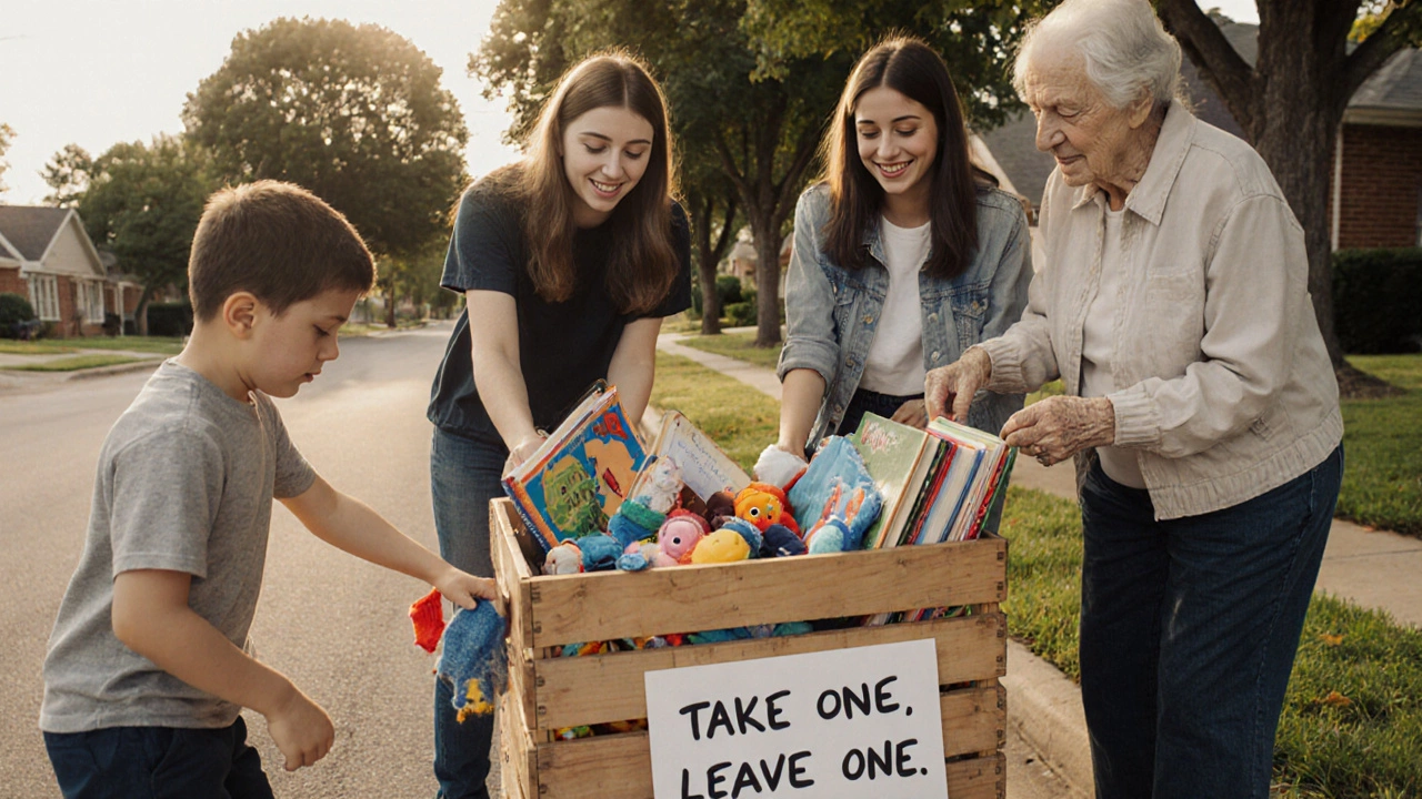 Teens placing a wooden book box filled with books and toys outside a school.