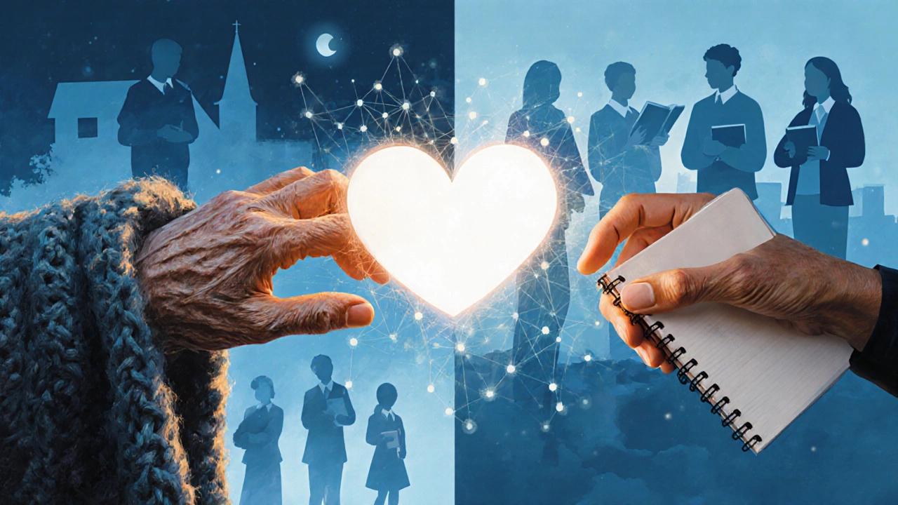 Two hands reaching across a light bridge, one holding a blanket, the other a notebook, symbolizing mutual connection.