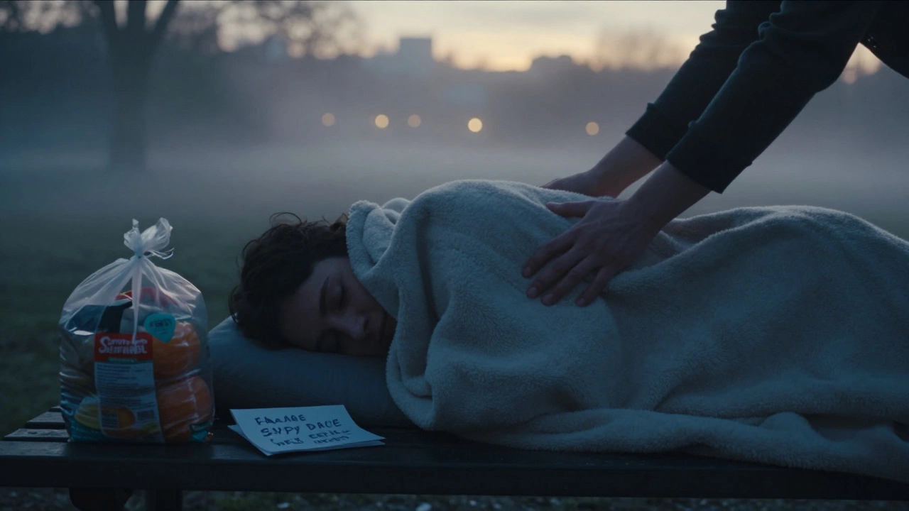 A blanket placed on a sleeping person on a park bench at dawn with groceries nearby.