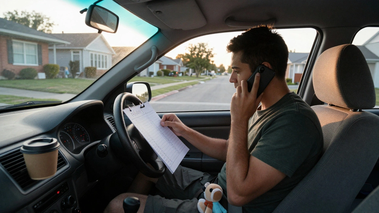 A community outreach leader driving a car at sunrise, looking at a list of addresses while talking on the phone.