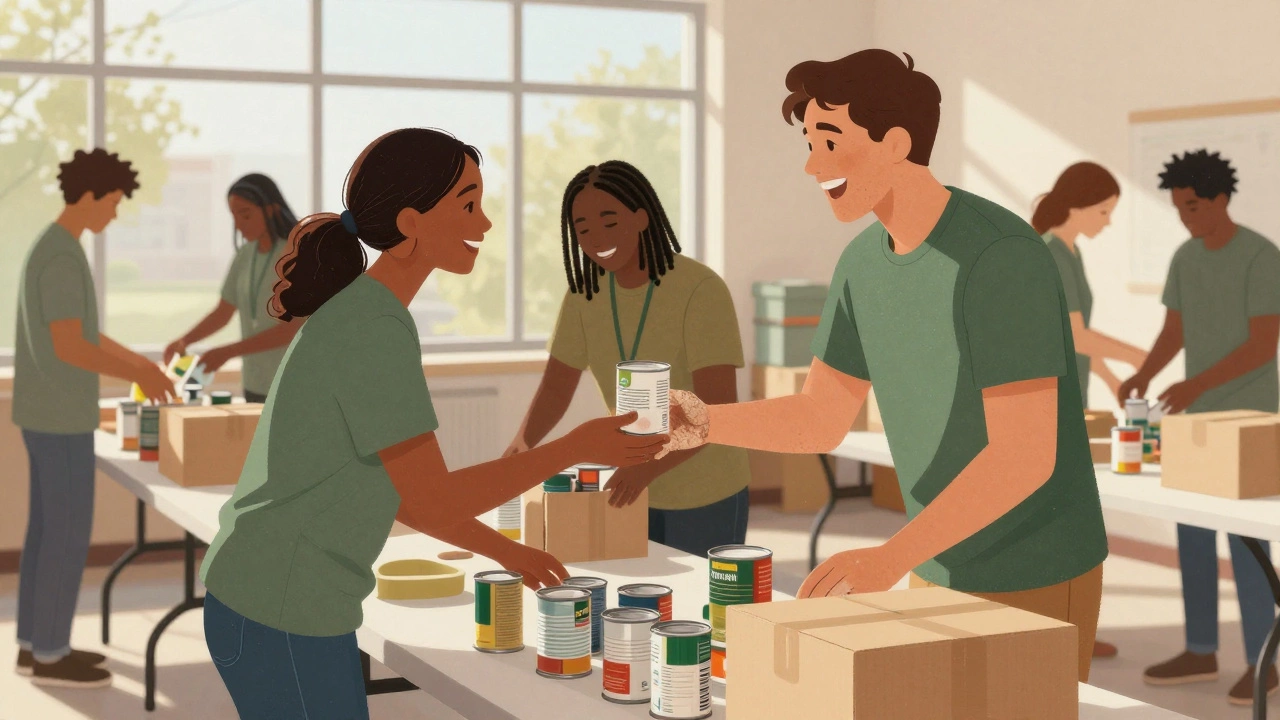 A diverse group of volunteers sorting food donations together in a bright, warm warehouse setting.