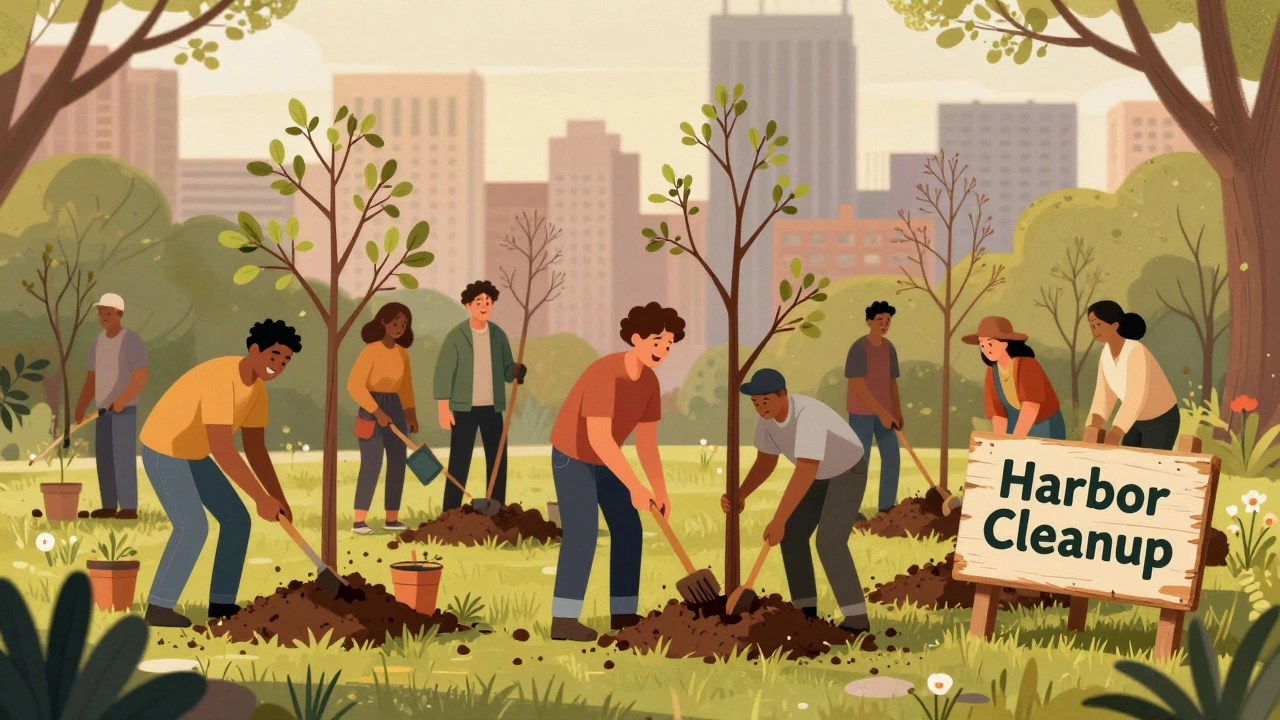 A group planting trees together in a city park during spring.