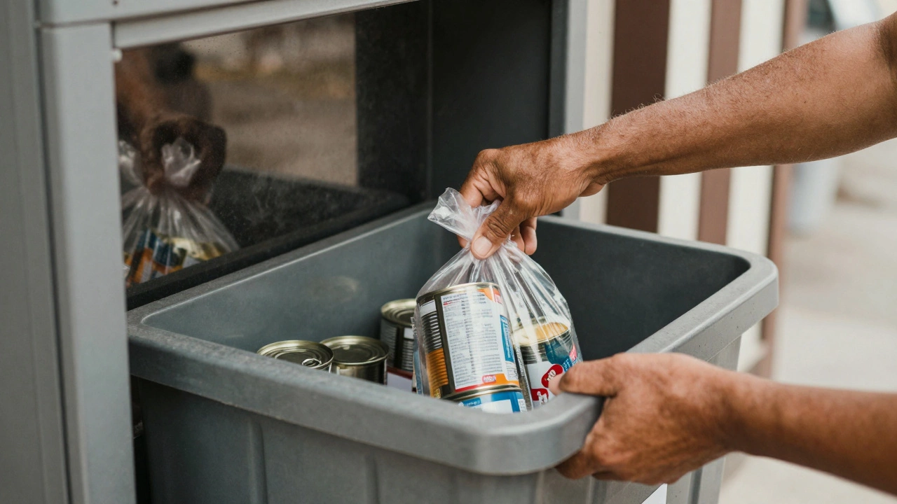 A hand donating food to a community bin with reflected hands of helpers.