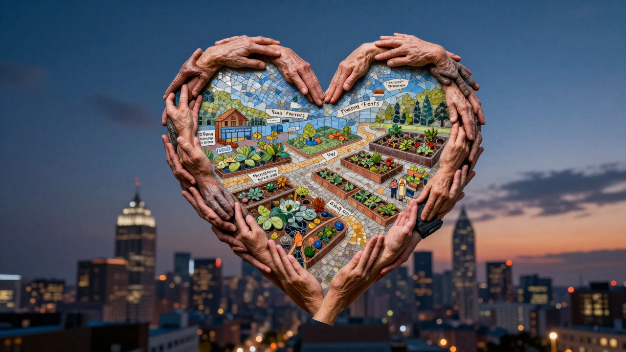 A heart-shaped mosaic of diverse hands symbolizing community care and quiet acts of kindness.