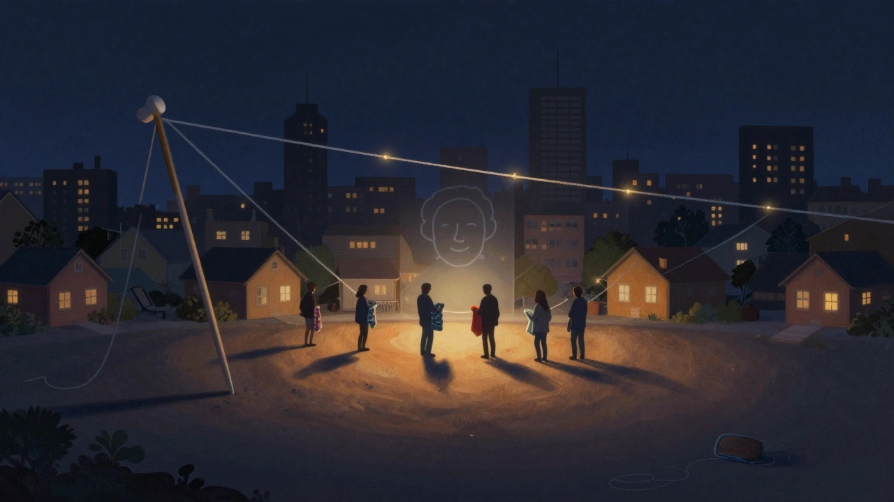 A knitting needle casting glowing threads that connect homes, schools, and shelters across a city.