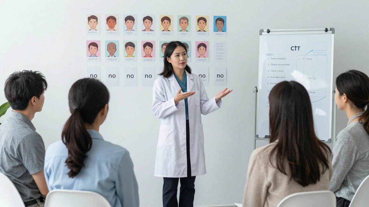 A licensed therapist guides a group through a role-playing exercise in a calm, professional setting.