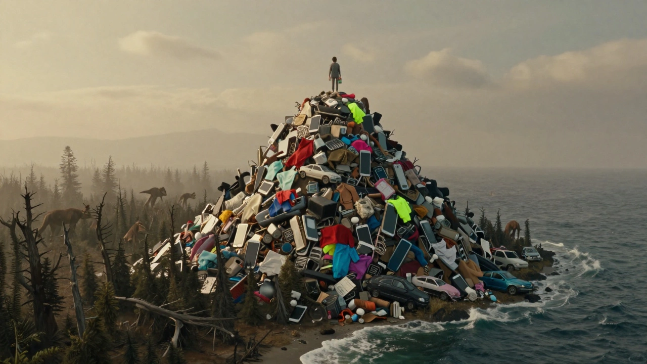 A mountain of consumer goods spilling into a dying ecosystem, with one person holding a small recycling bin.