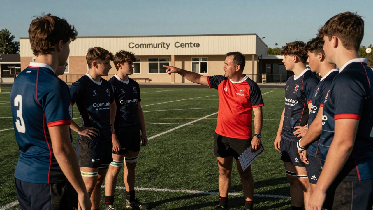 A rugby coach speaks with teens near a community center after training.
