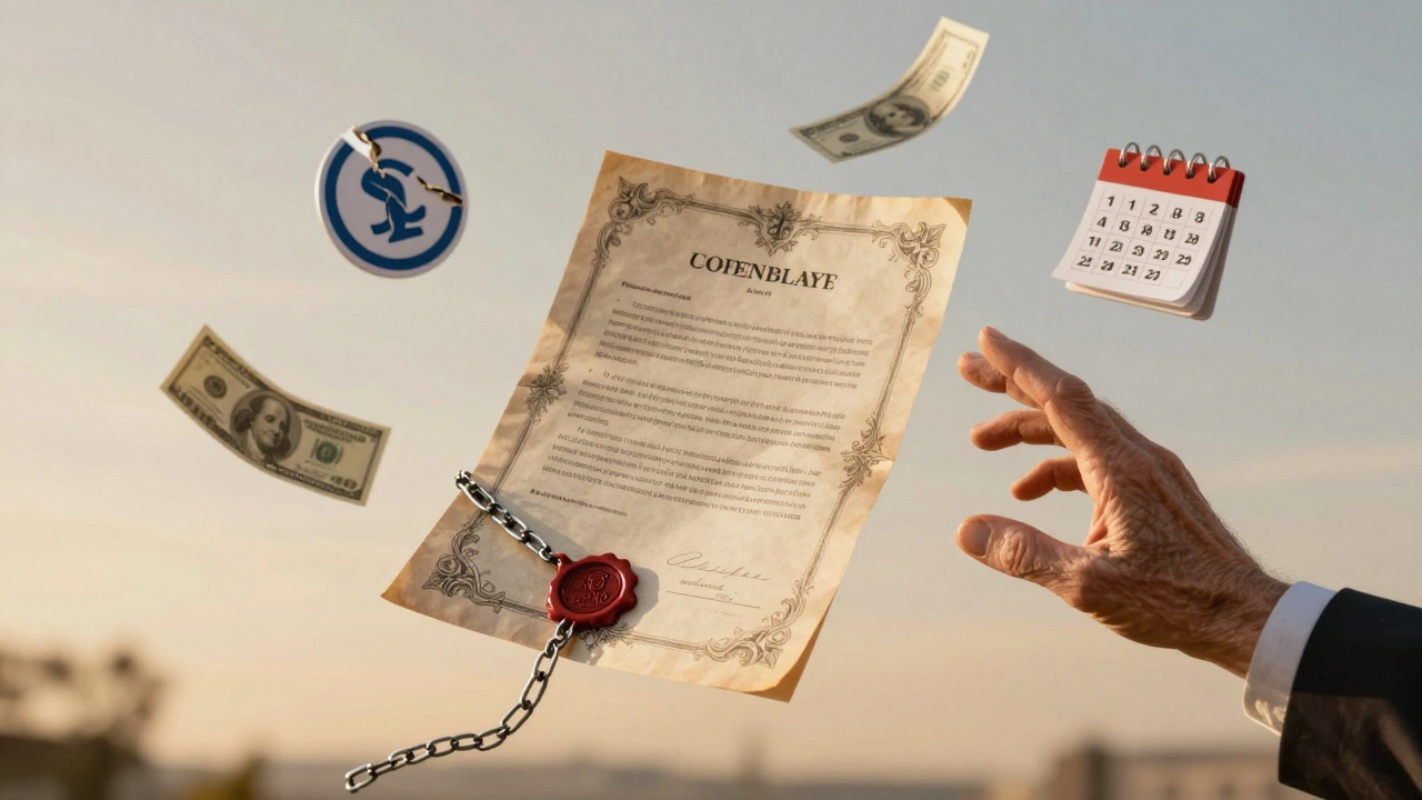 A sealed legal document surrounded by fading charity symbols and falling money, illustrating irreversible commitment and lost value.