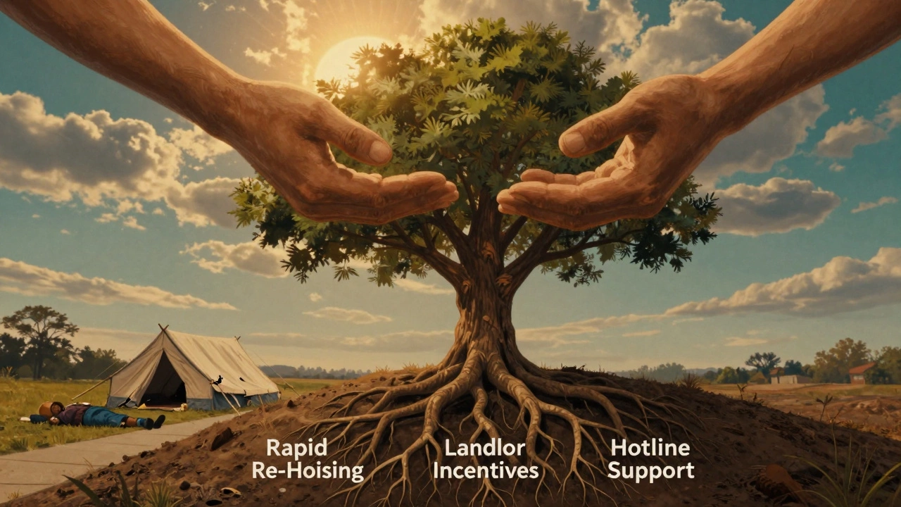 A strong tree of prevention systems grows while a crumbling shelter fades in the background.