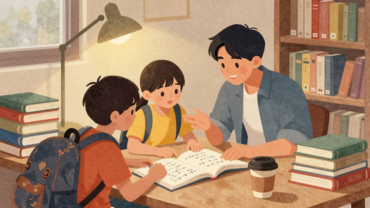 A student tutoring children in a cozy after-school library setting.