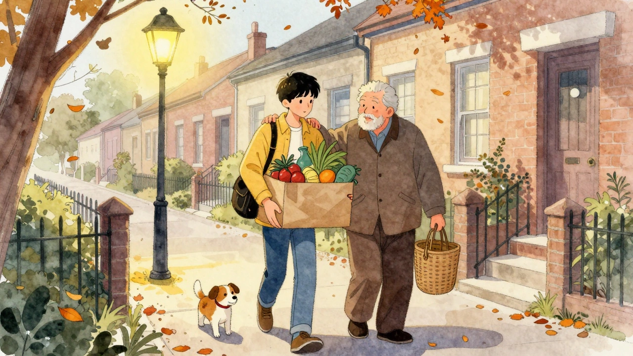 A teenager helping an elderly neighbor with groceries under a streetlamp, autumn leaves around them.