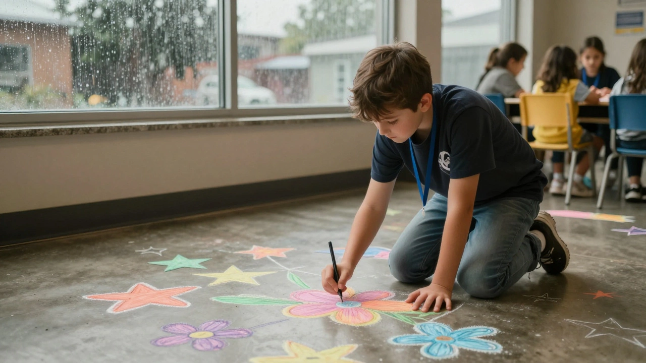 A volunteer and child draw chalk pictures on a floor together during a rainy afternoon.