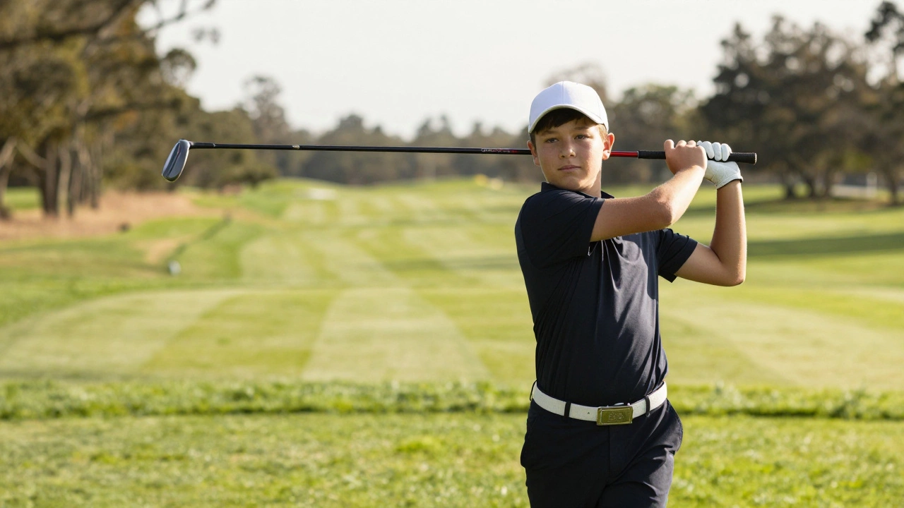 A young golfer holding a driver straight out to test its weight during a club fitting session.