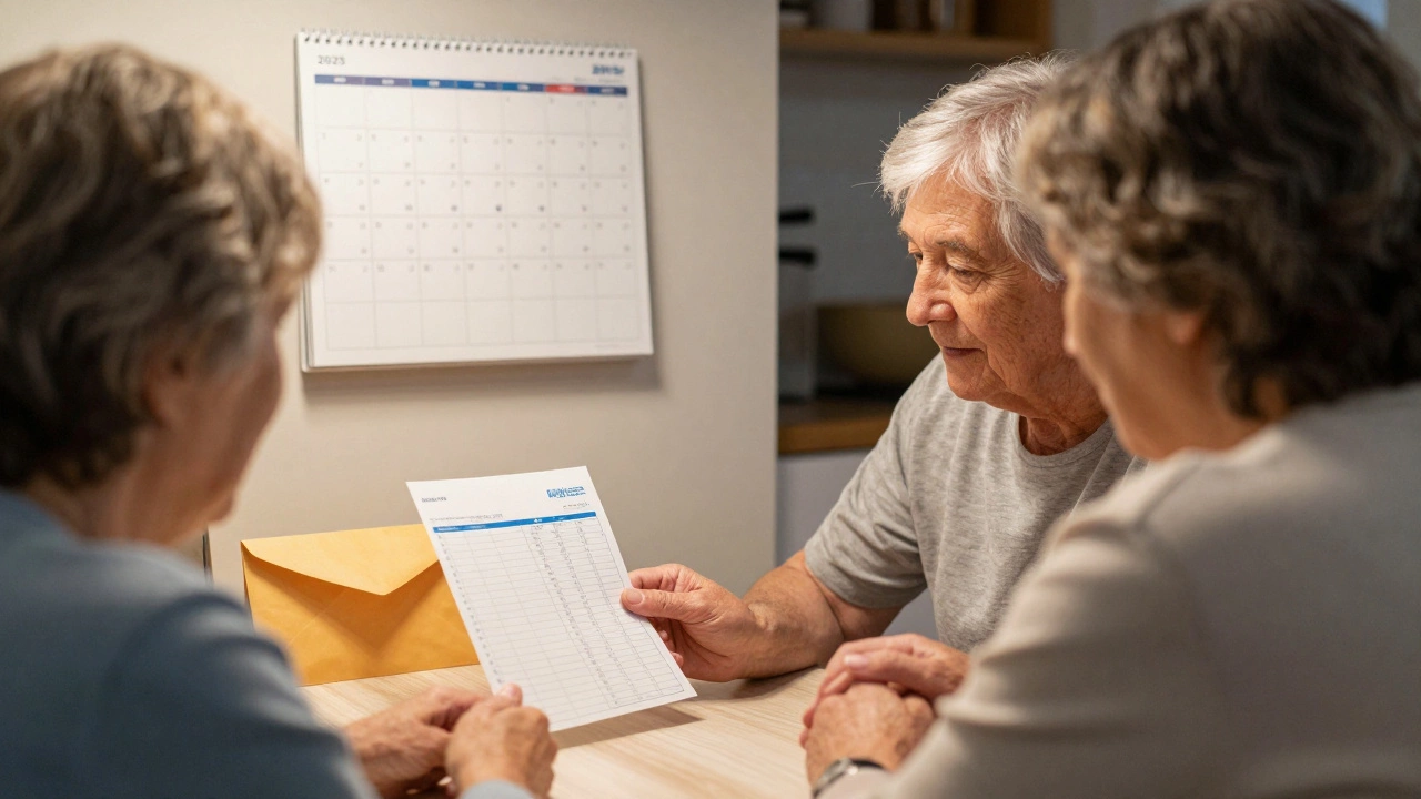 An elderly couple reviewing a declining bank statement, with years marked on a calendar, representing shrinking trust income.