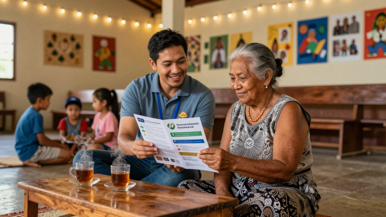 An outreach leader sitting on the floor with an elderly woman in a church basement, reviewing a translated health pamphlet together.