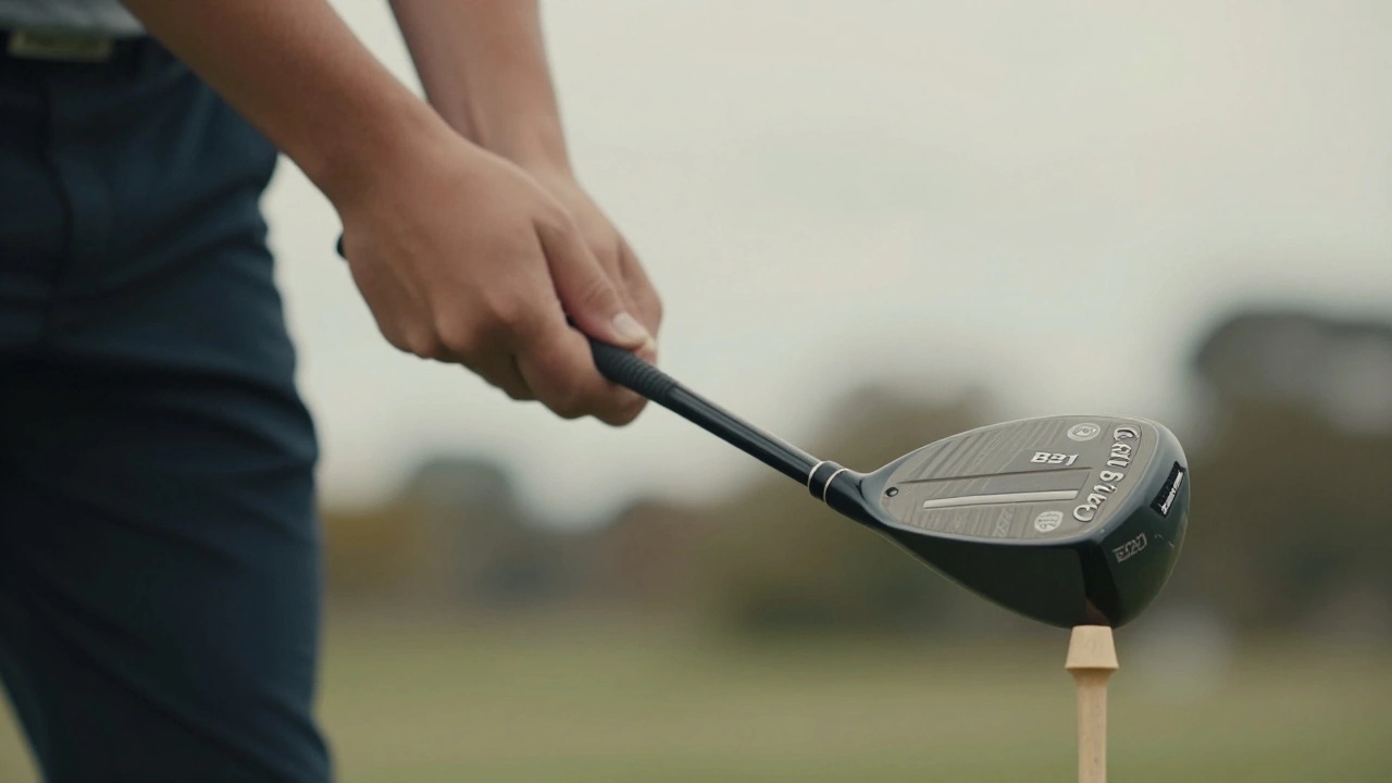 Close-up of a teen&#039;s hands gripping a lightweight junior golf driver with visible flex in the shaft.