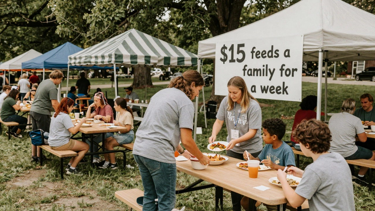 Community food festival in a park with volunteers serving food under tents, families eating at picnic tables.