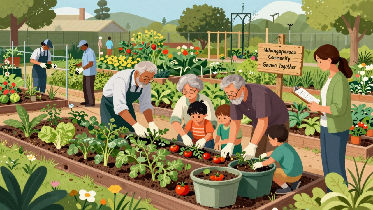 Community members planting vegetables together in a shared garden with elders and children.