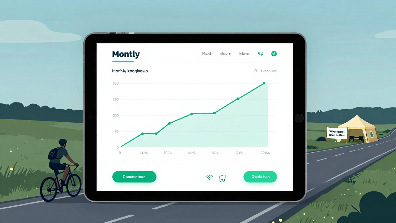 Digital fundraising dashboard showing rising monthly donors, with a bike rider on a road surrounded by pledge notifications.