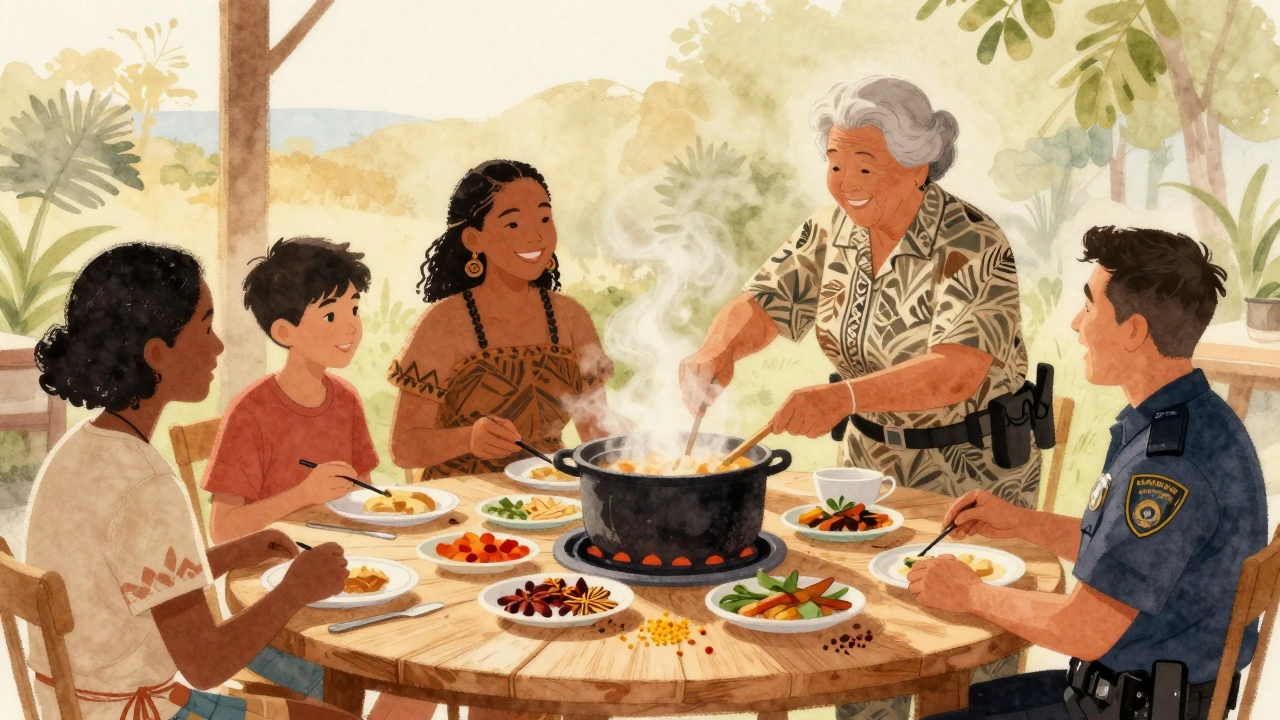 Diverse group sharing a meal at a community cooking class, elders teaching teens traditional recipes.