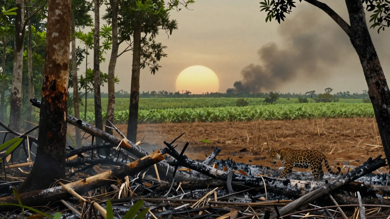 Dying Amazon rainforest transitioning to cattle pasture and soy fields.