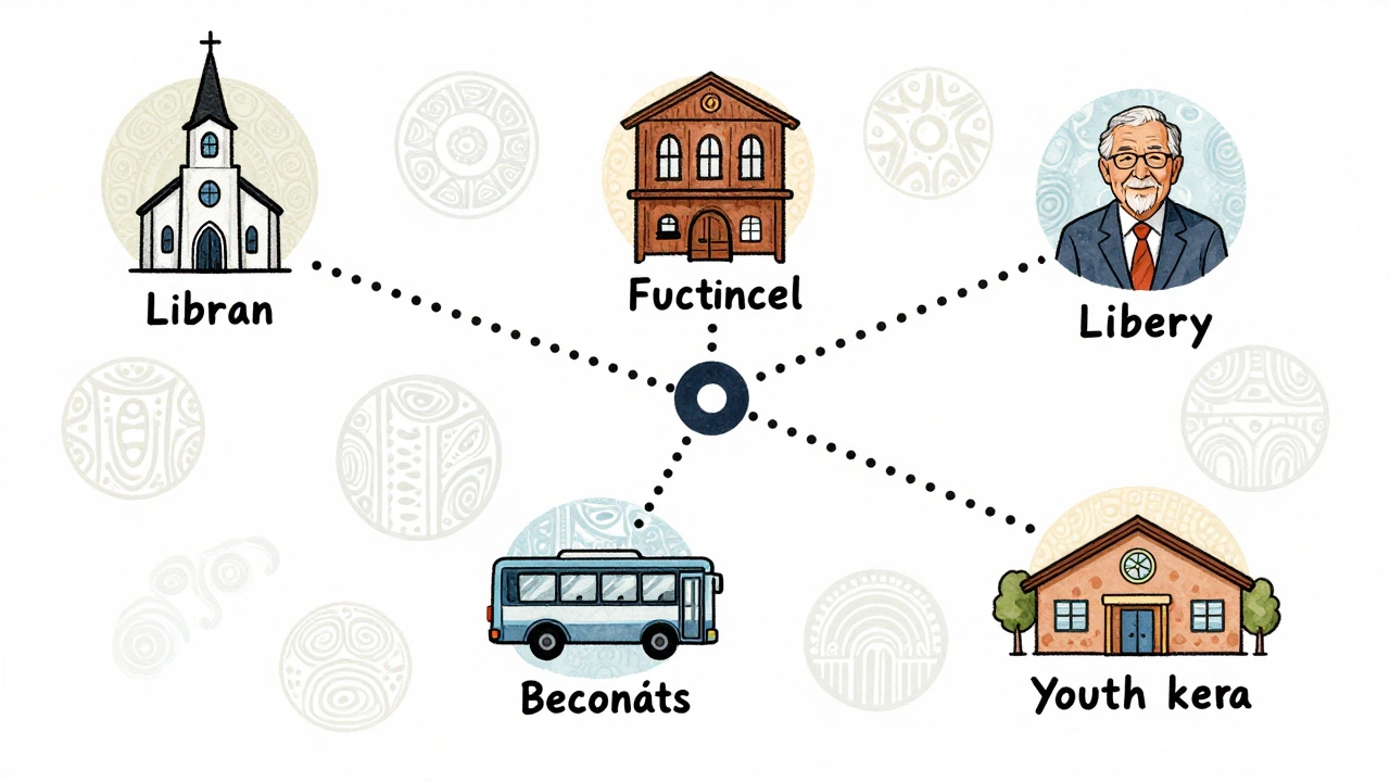 Hand-drawn map of community hubs connected by voices of trusted local figures.
