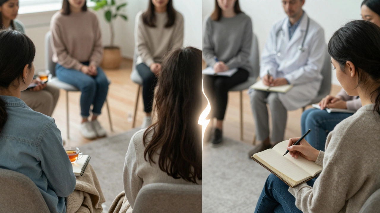 One person experiencing both peer support and professional therapy, symbolizing complementary paths to healing.