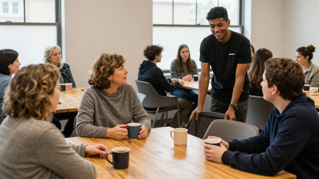People chat over coffee at a community center during an informal gathering.