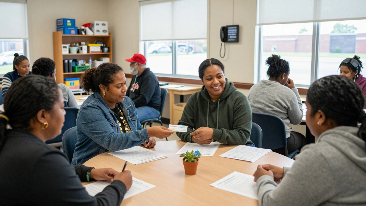 People meet with caseworkers at a community center, receiving rental assistance in Little Rock.