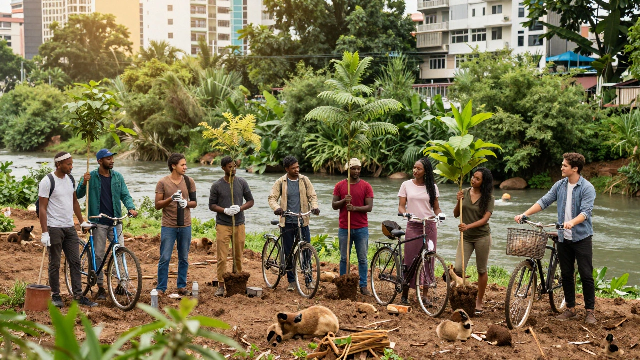 People planting trees and repairing items at the edge of a recovering forest, with wildlife returning.
