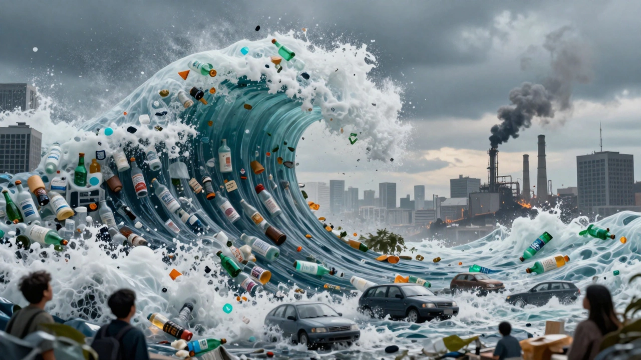 Plastic wave crashing over a city, engulfing buildings in waste.