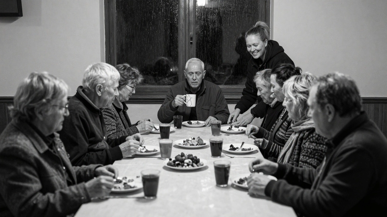 Seniors sharing a quiet meal in a church hall, one singing softly as a volunteer looks on.