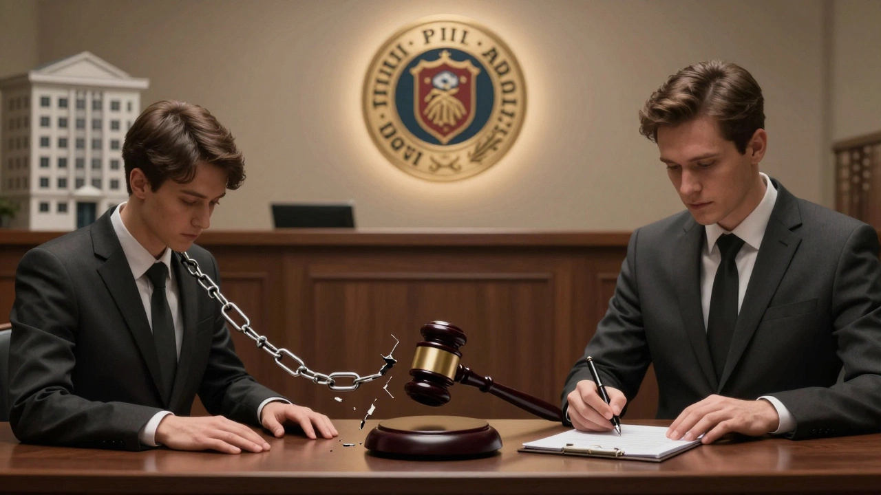 A courtroom scene with a broken chain between a person and a trust fund, under the gaze of legal authority.