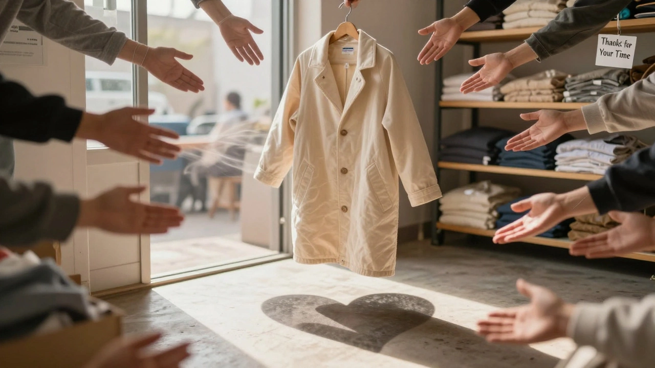 A donated coat symbolizes the collective effort of volunteers whose unseen hands turn charity into hope.