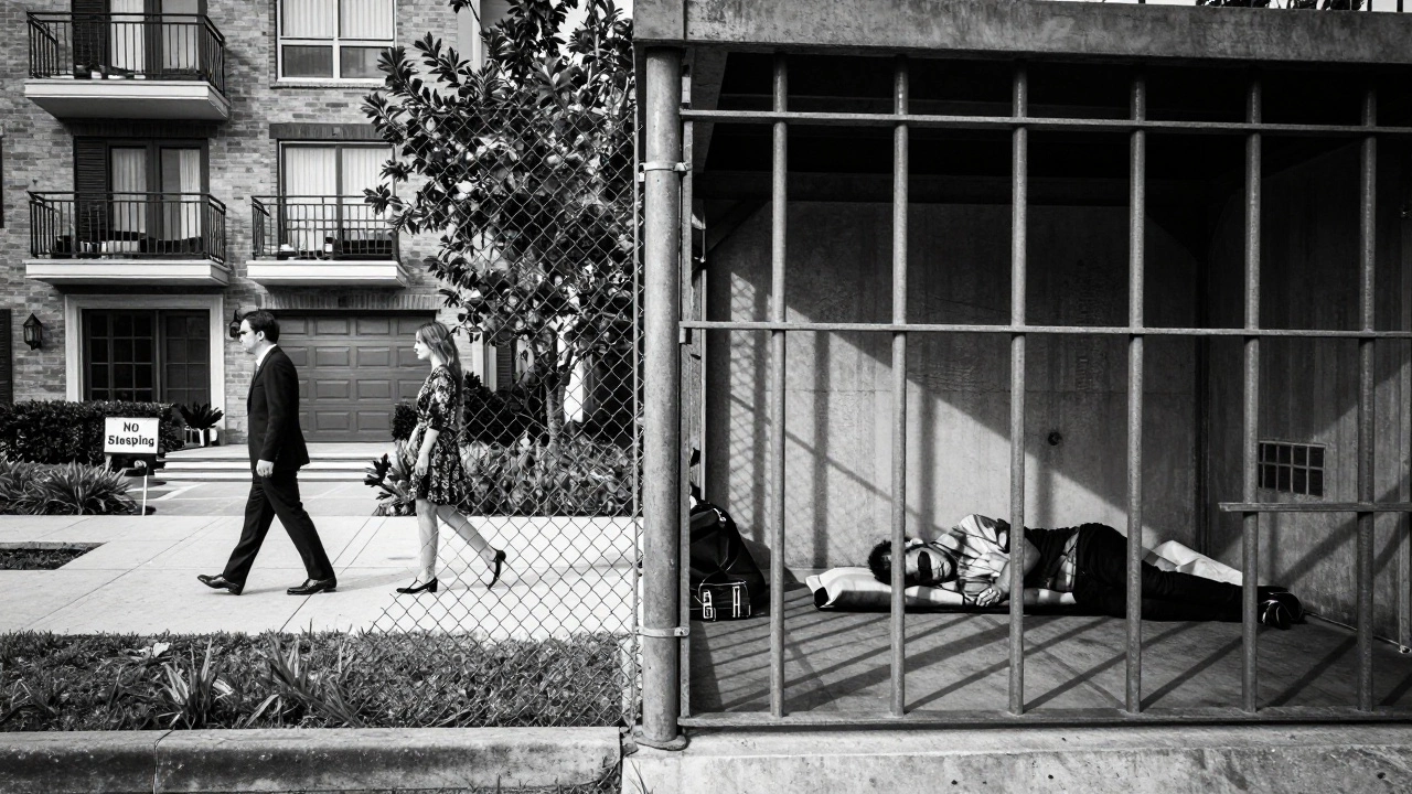 A fence divides a wealthy street from a person sleeping under a bridge, their shadow forming a jail cell silhouette.
