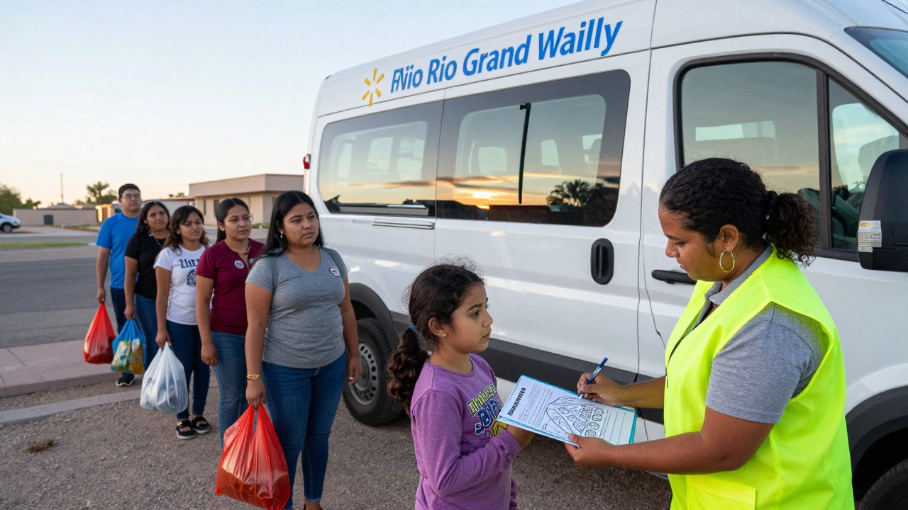 A mental health mobile van outside a Walmart in Texas, offering counseling to families waiting quietly.