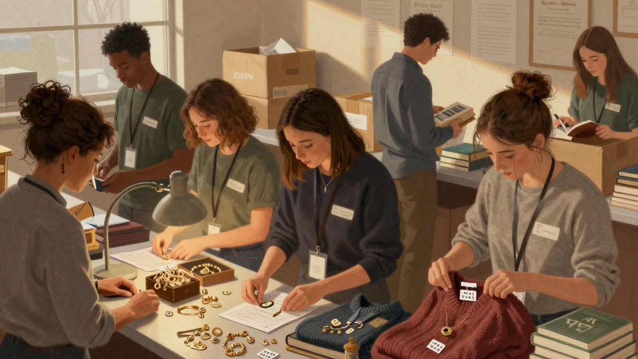 Diverse group of volunteers pricing books and jewelry in a well-organized charity shop with warm lighting.
