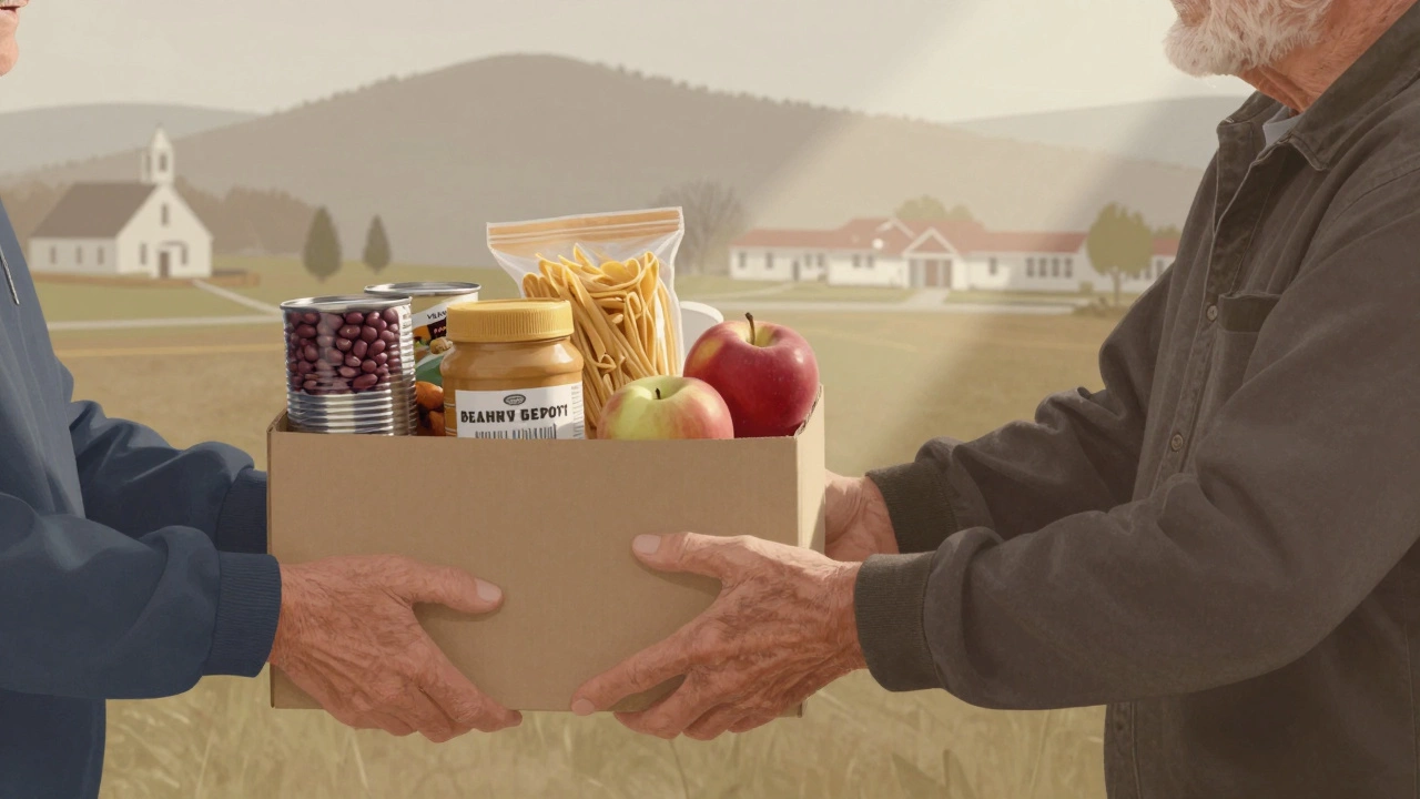 Grocery box with healthy foods handed to a senior in a rural Virginia setting.