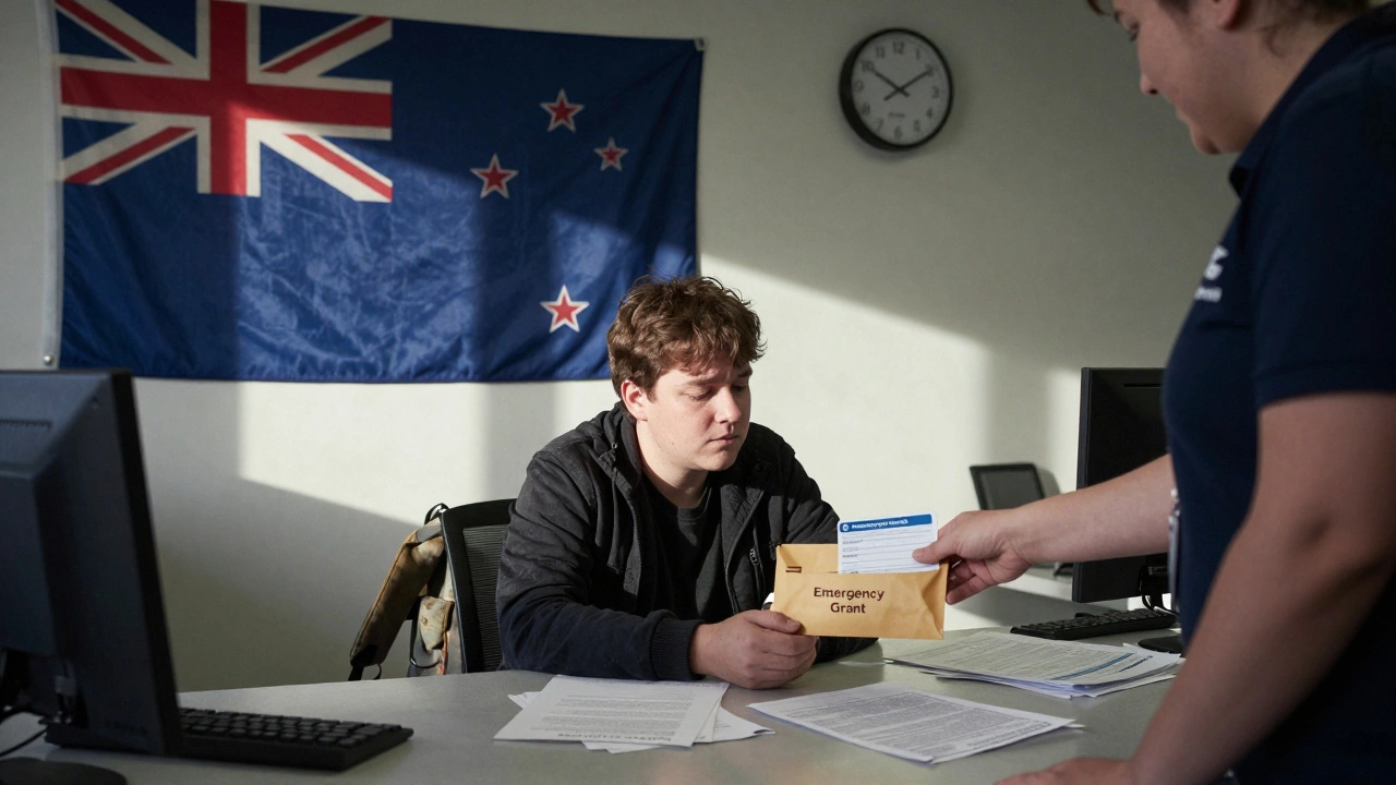 Person receiving emergency grant and Community Services Card at Work and Income office.