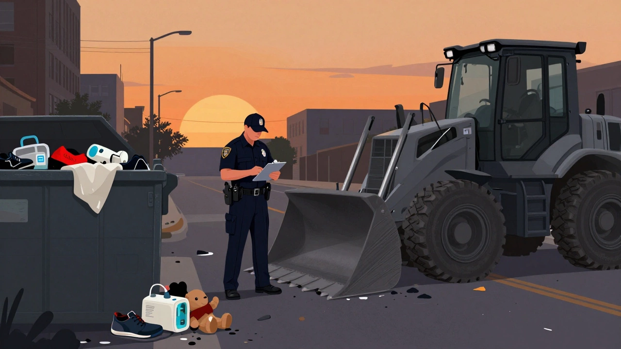 Police bulldozer clearing a homeless encampment, personal items scattered in a dumpster, a child’s stuffed animal among the debris.