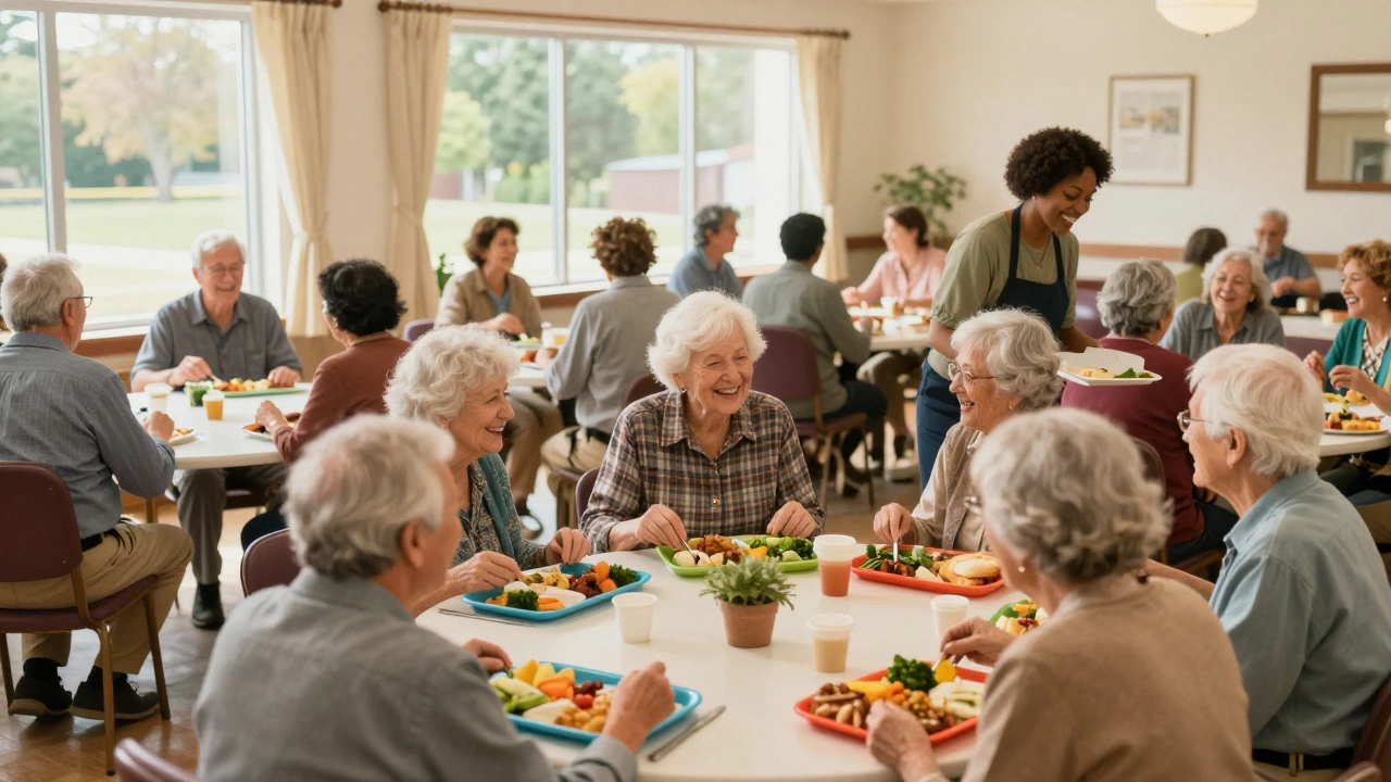 Seniors enjoying a communal meal at a local center, smiling and talking.