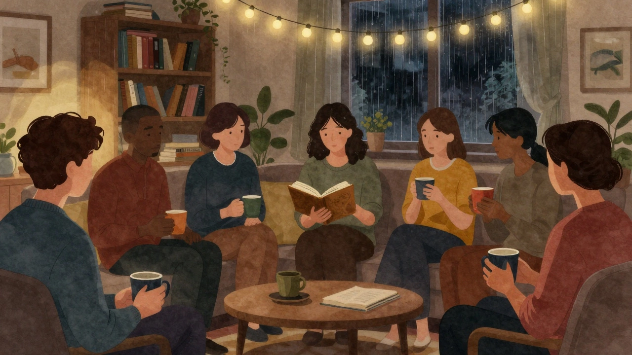 Small group listening to poetry in a softly lit living room, rain on the window