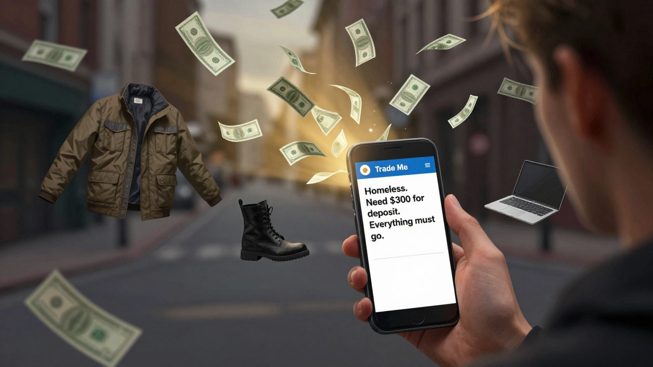 Smartphone showing sale listing with possessions turning into cash under golden light.