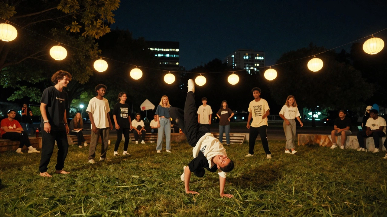 Teens freestyle dancing and doing parkour under neon lights in a park at night.