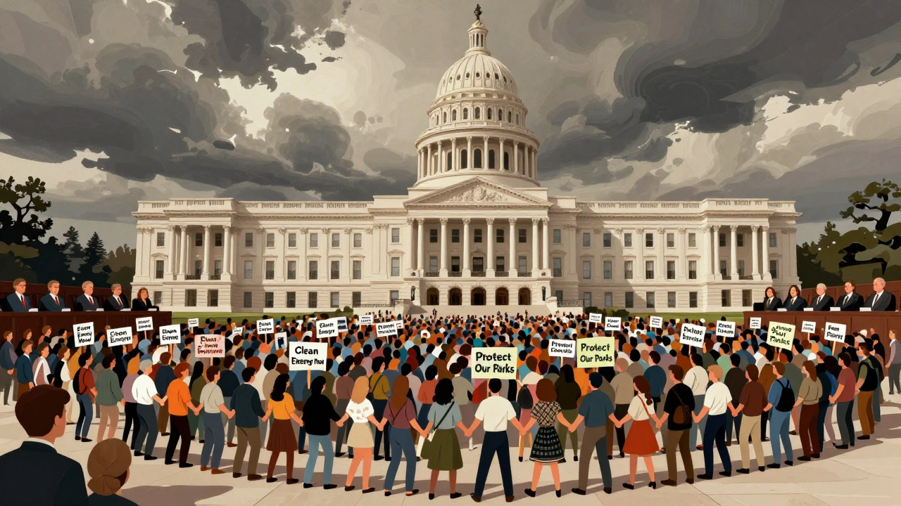 Thousands of people forming a human chain outside a state capitol, holding environmental signs.