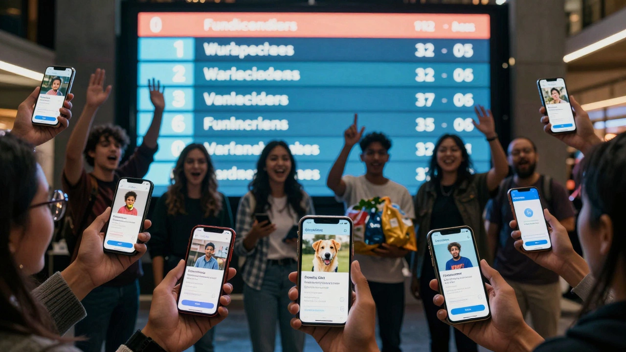 15 people holding phones with personalized fundraising pages and digital leaderboard
