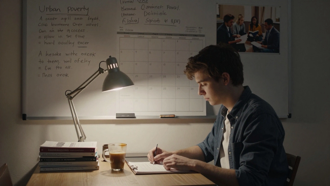 A 24-year-old working late at night at a desk, surrounded by notes, a prototype app, and photos of their community work.
