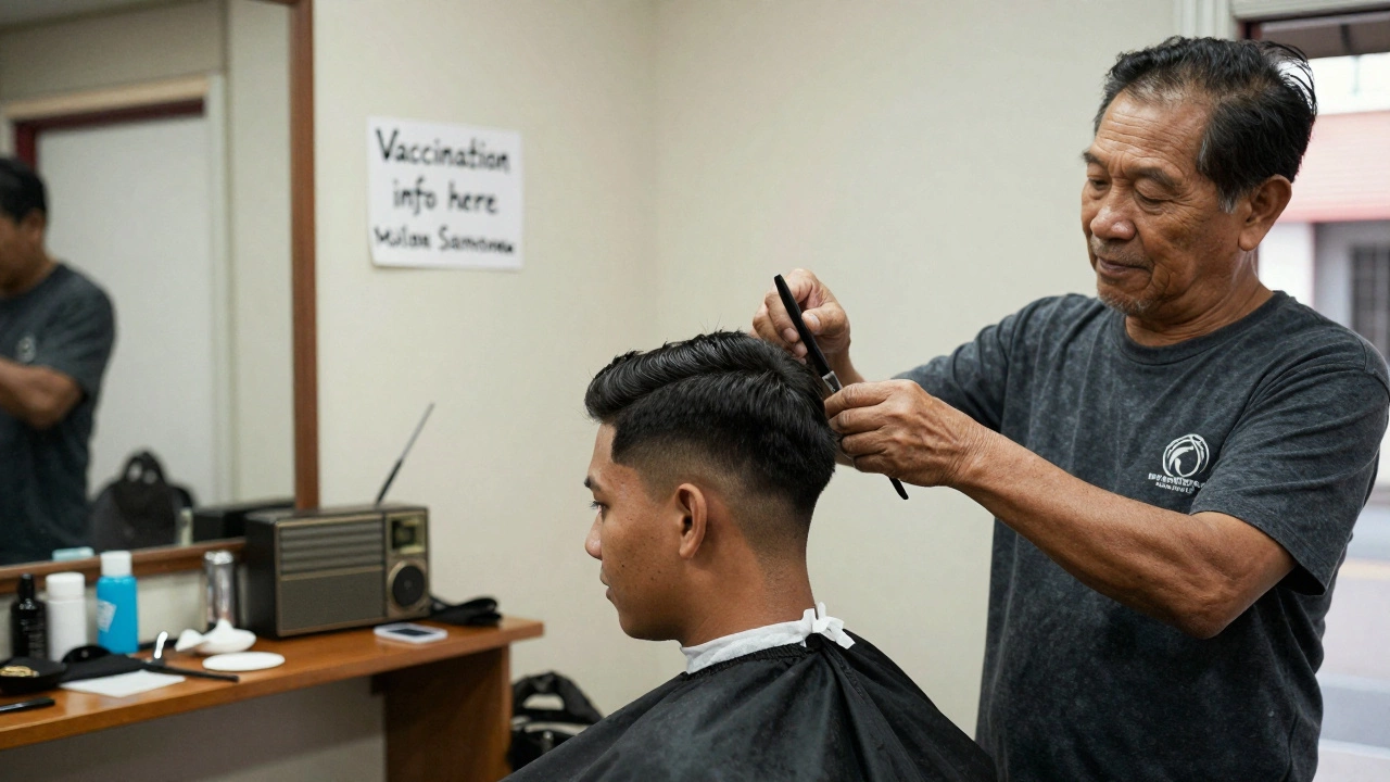 A barber shares vaccination information with a young man in a culturally rich barbershop.